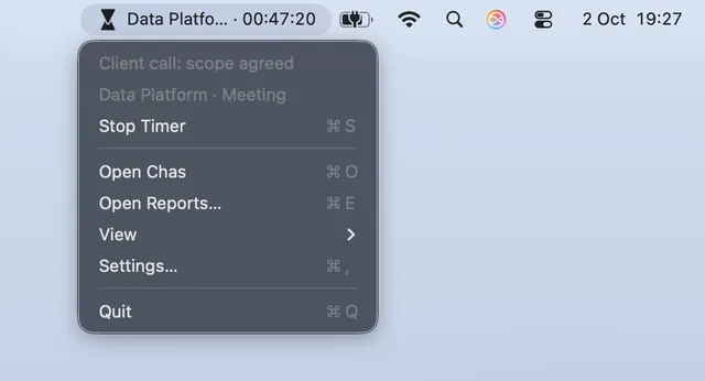 Chas menu in the menu bar with the running entry and its time