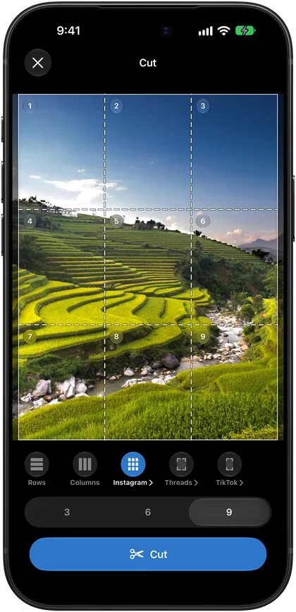 Rice terraces in the Instagram profile grid, nine tiles