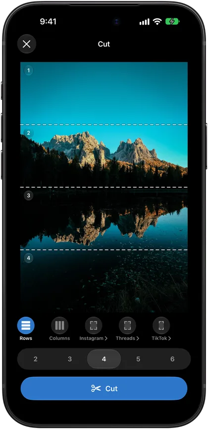 A mountain lake cut into four rows