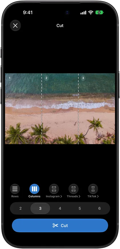 A beach cut into three columns