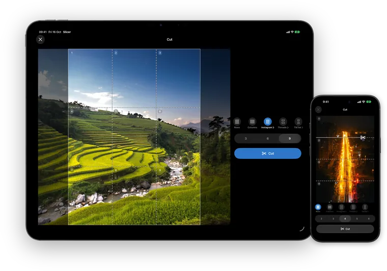 Slicer on iPad and iPhone: rice terraces under a nine-tile grid, and a night street being cut into rows