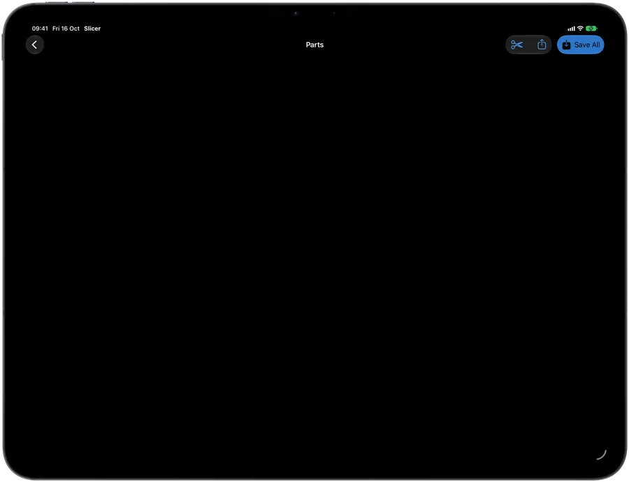 Slicer on iPad: a mountain lake cut into four equal parts, ready to save