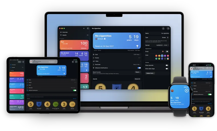 The same No cigarettes counter on a Mac, an iPad, an iPhone and an Apple Watch
