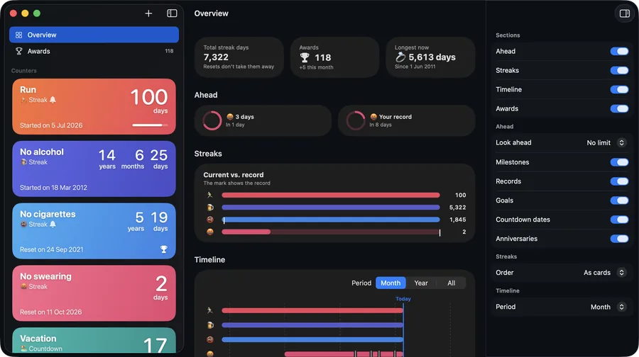 Vidlik on Mac: counters in the sidebar, the Overview with streaks against records and a timeline
