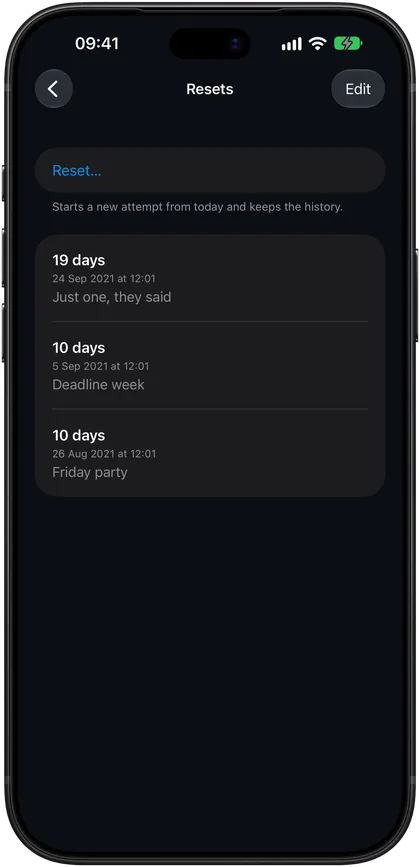 The history of resets, each with its date and a note
