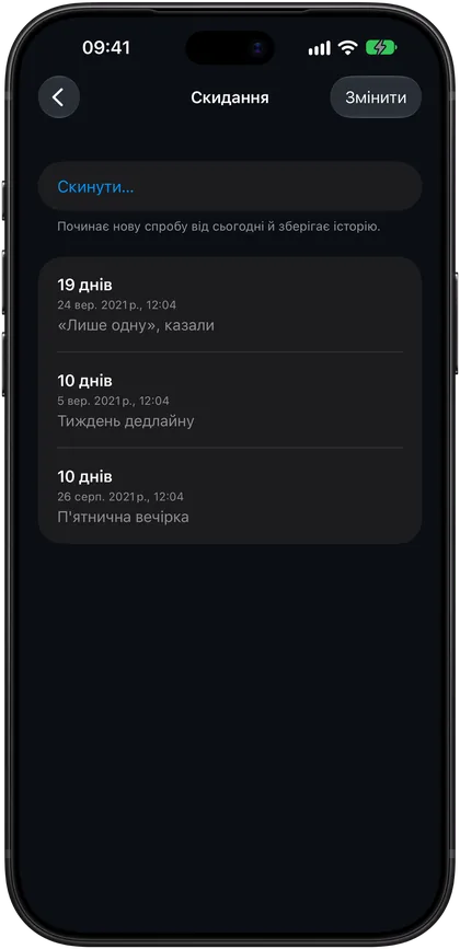 Історія скидань, у кожного дата й нотатка